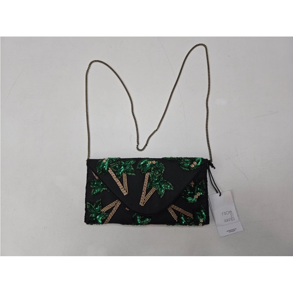 From St Xavier Tropica Palm Tree Beaded Convertible Clutch Black Green NEW